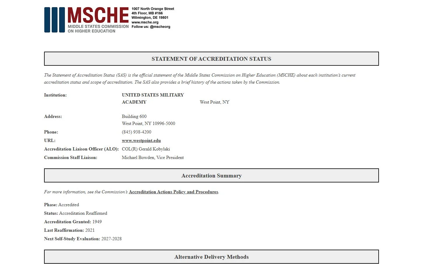 United States Military Academy · Official institutional accreditation record