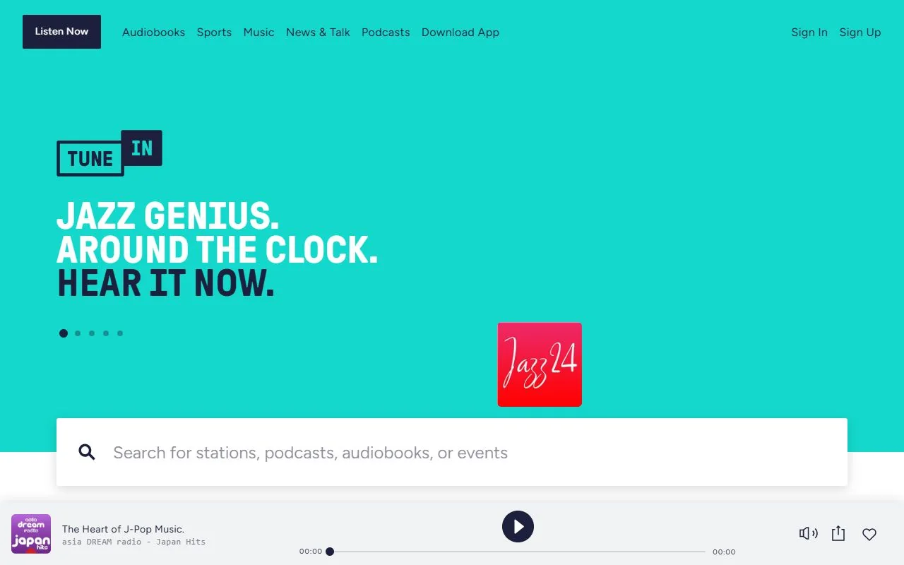 TuneIn – Ansicht der Anbieter-Website
