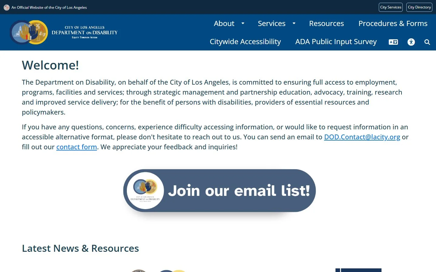 Los Angeles Department on Disability · Website screenshot