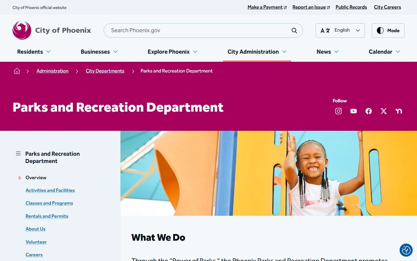 Phoenix Parks and Recreation · Website screenshot
