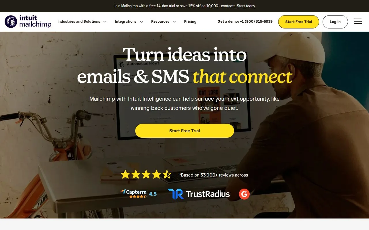 Mailchimp – Ansicht der Anbieter-Website