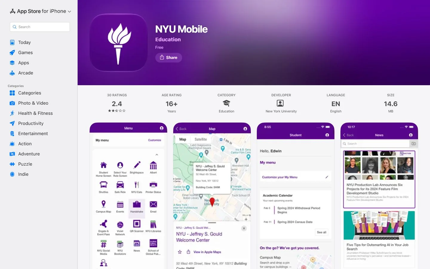 New York University · Official NYU Mobile app listing (US)