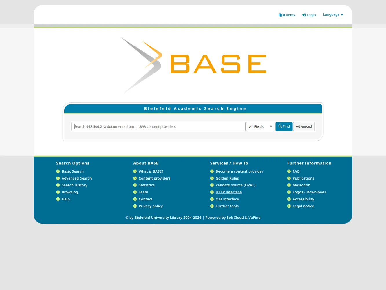 BASE – Ansicht der Anbieter-Website