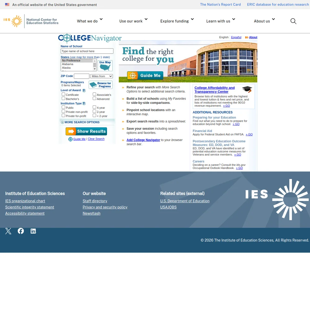 College Navigator · Website screenshot