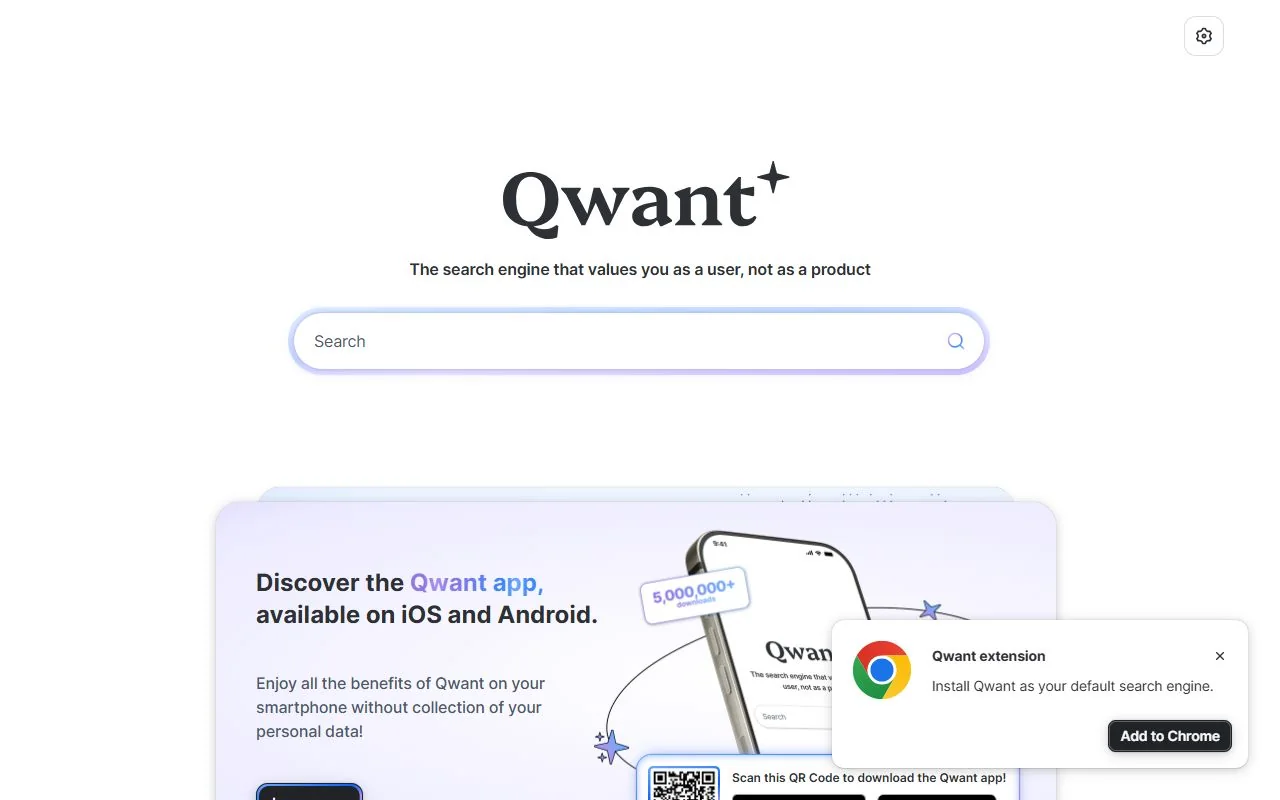 Qwant – Ansicht der Anbieter-Website