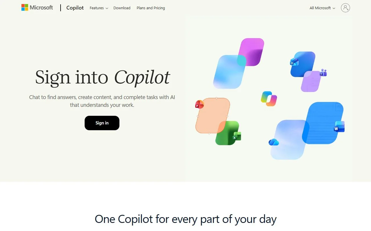 Microsoft Copilot – Ansicht der Anbieter-Website
