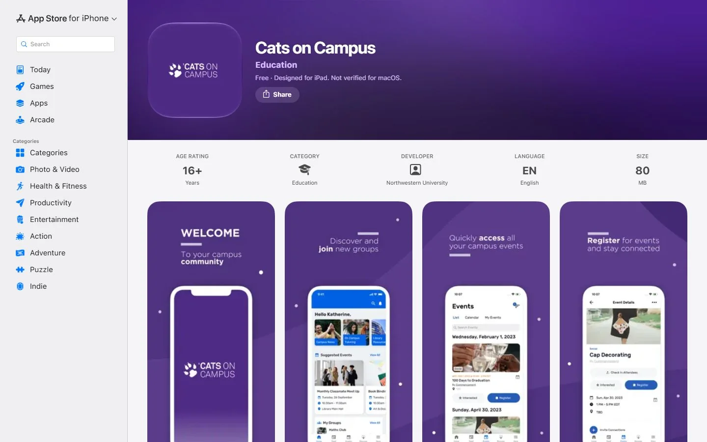 Northwestern University · Official Cats on Campus app listing (US)