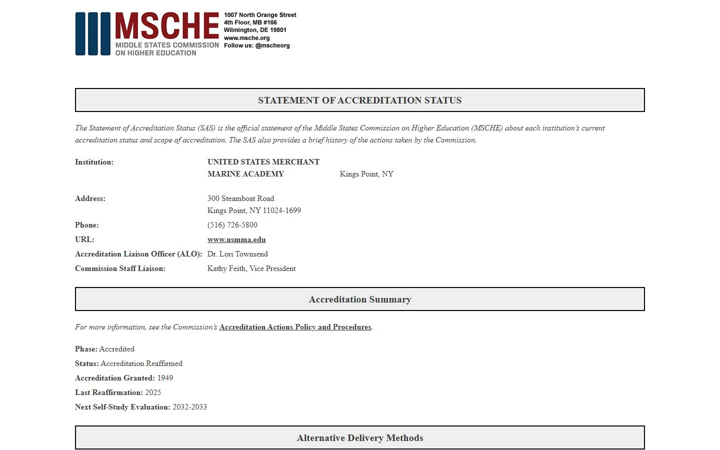 United States Merchant Marine Academy · Official institutional accreditation record