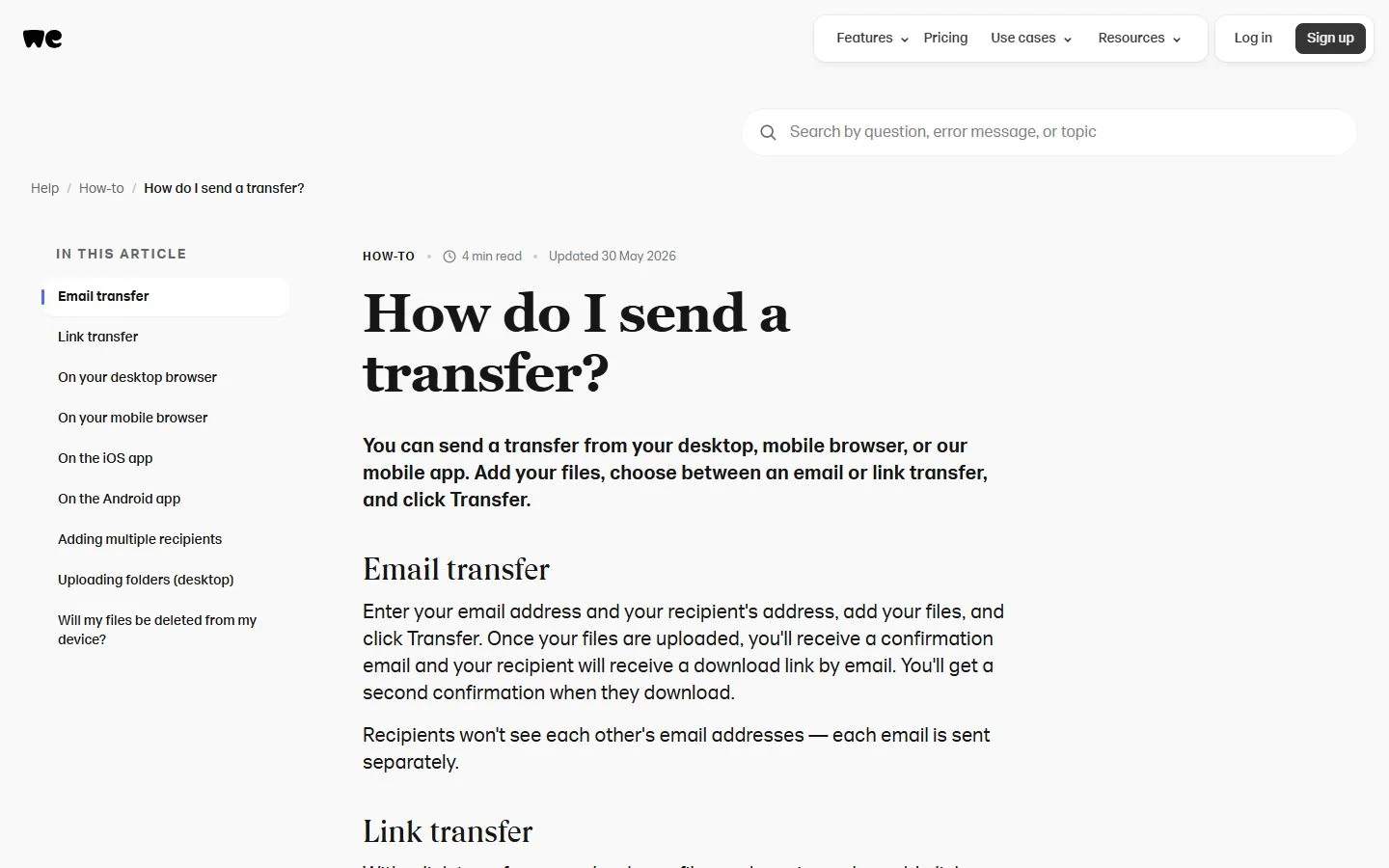 WeTransfer – Ansicht der Anbieter-Website