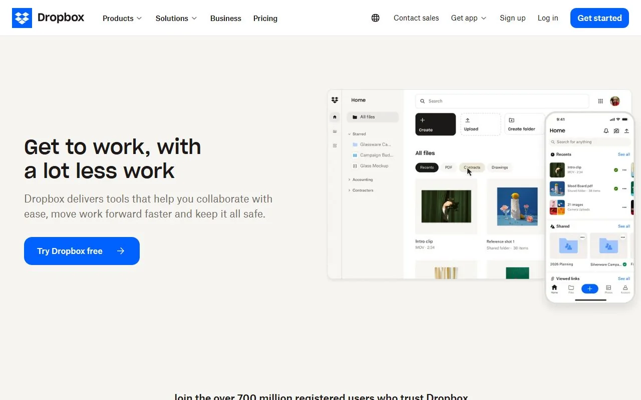 Dropbox – Ansicht der Anbieter-Website