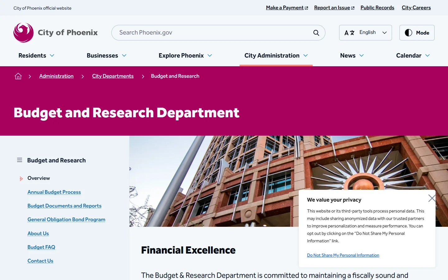 Phoenix Budget and Research · Website screenshot