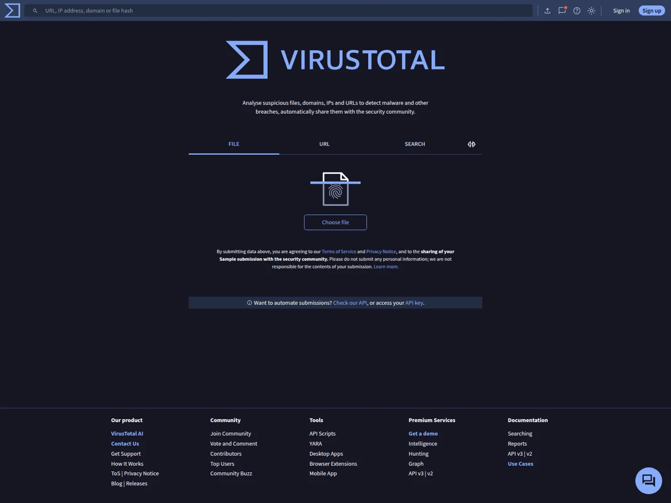 VirusTotal – Ansicht der Anbieter-Website