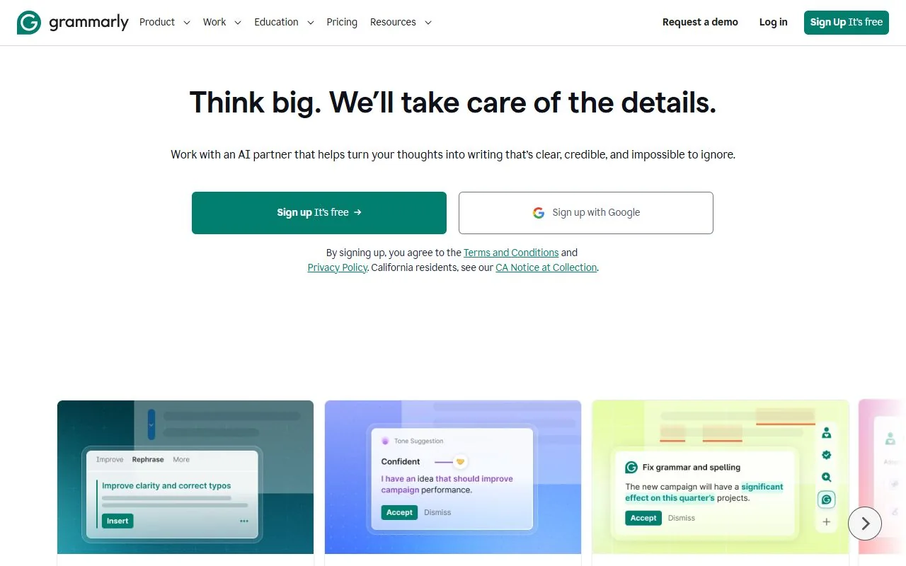 Grammarly – Ansicht der Anbieter-Website