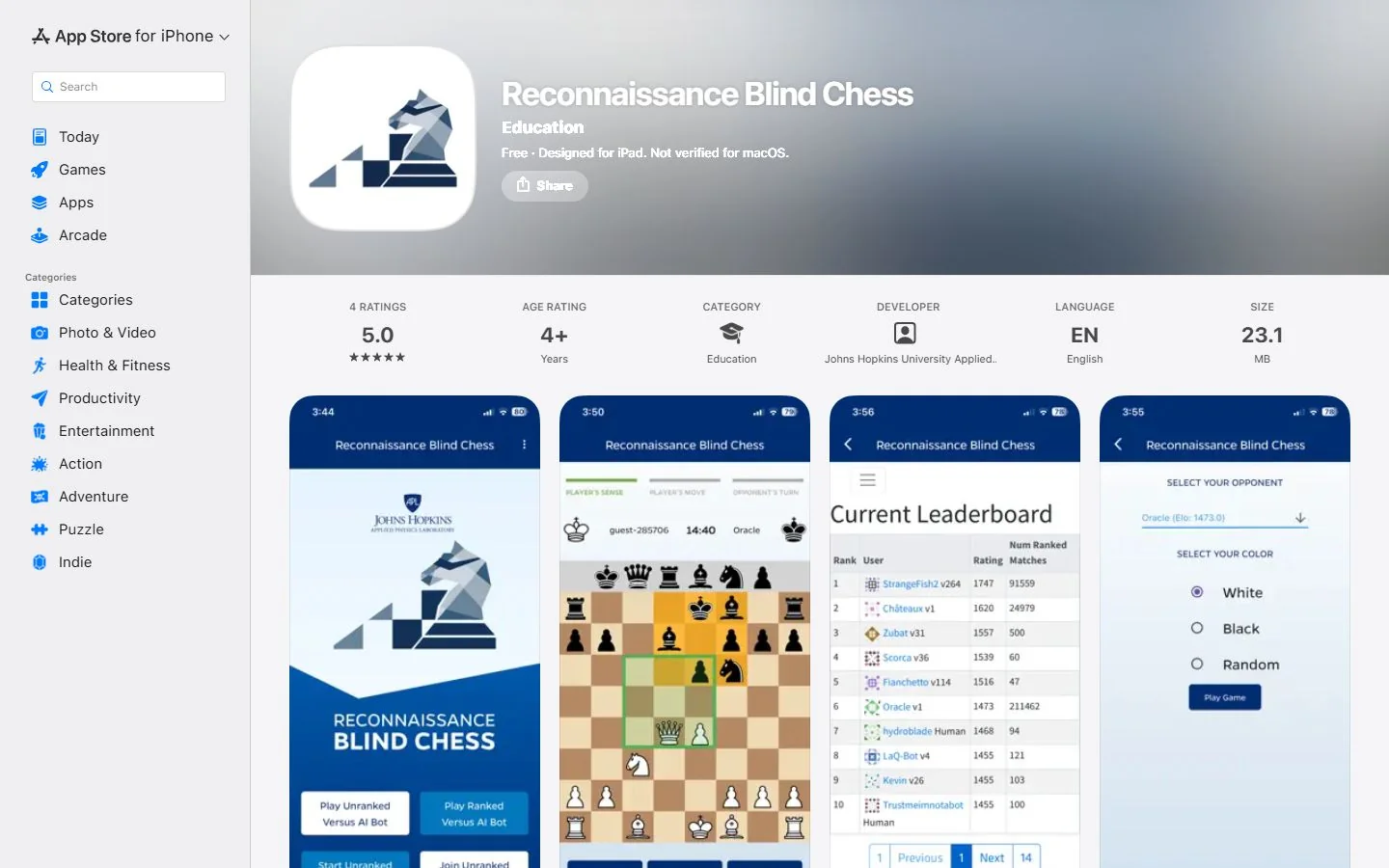 Johns Hopkins University · Official Reconnaissance Blind Chess app listing (US)