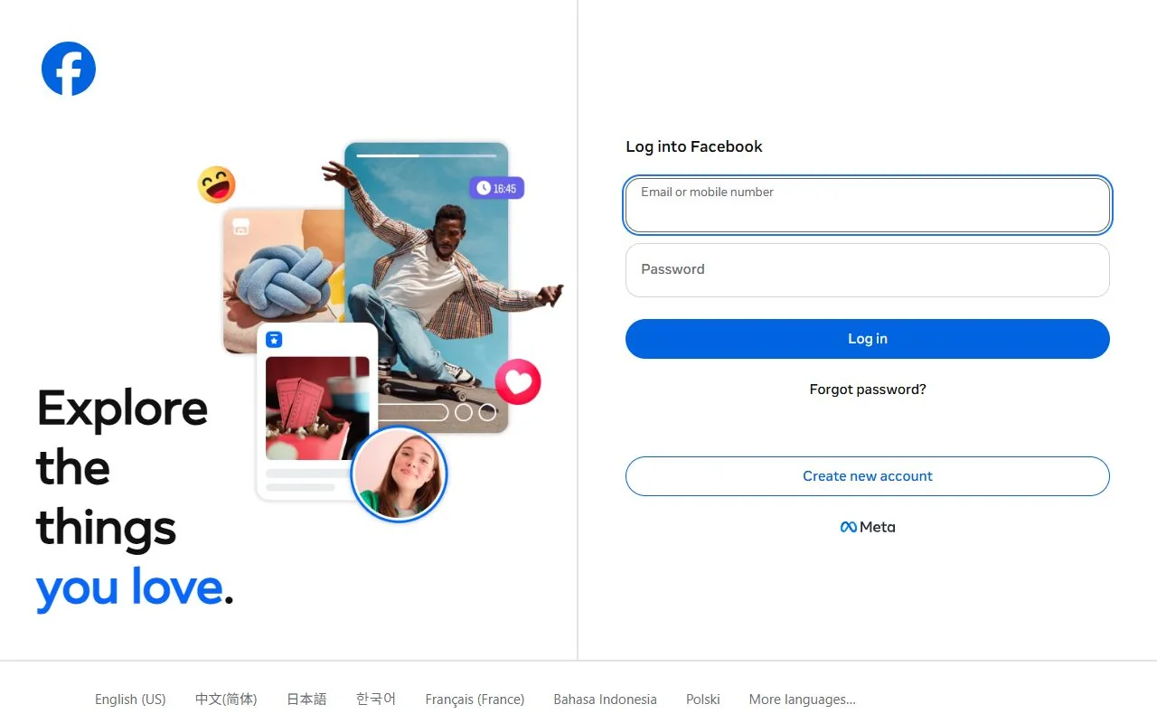 Facebook – Ansicht der Anbieter-Website