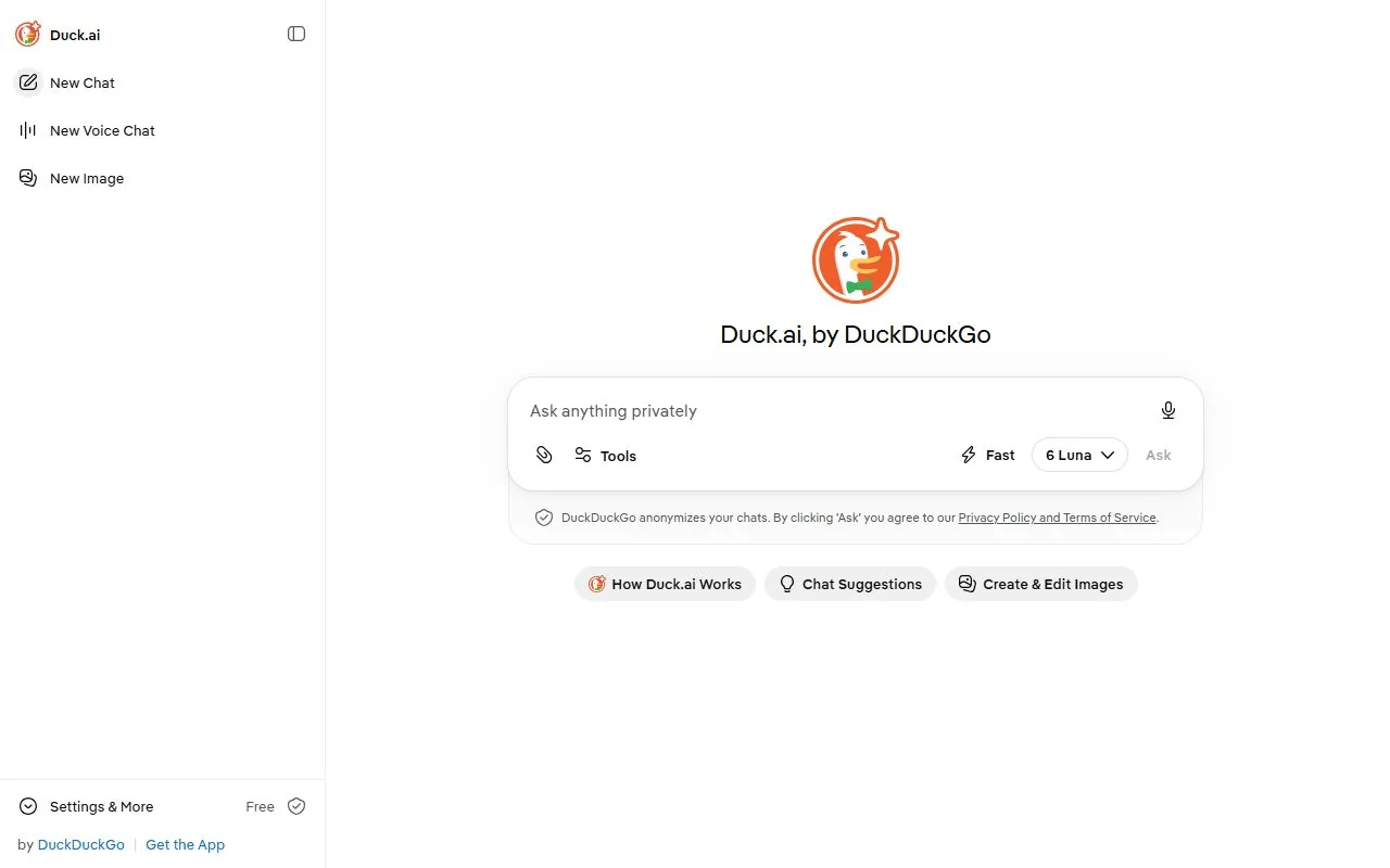 Duck.ai – Ansicht der Anbieter-Website