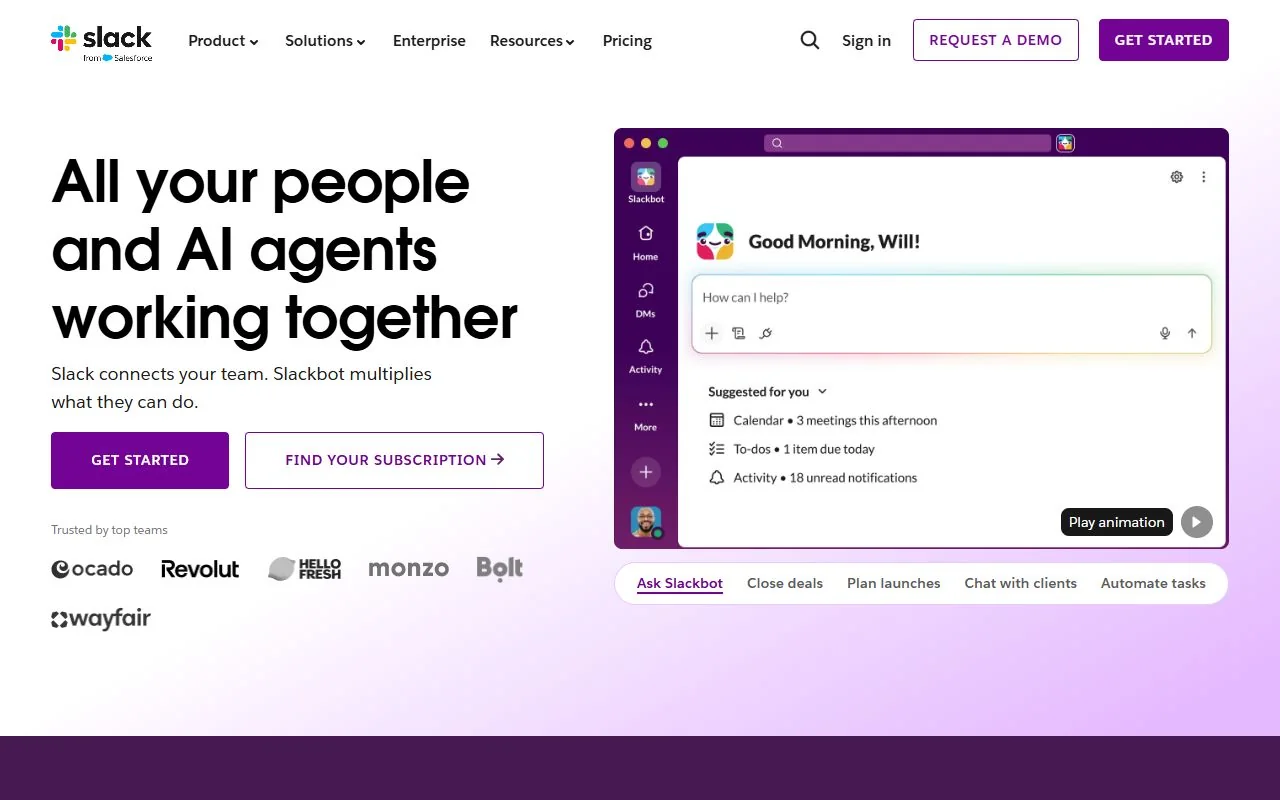 Slack – Ansicht der Anbieter-Website