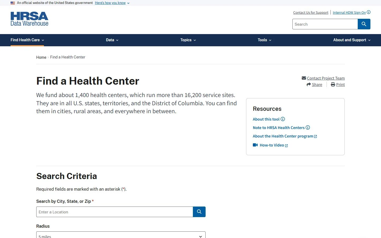 HRSA Find a Health Center · Website screenshot