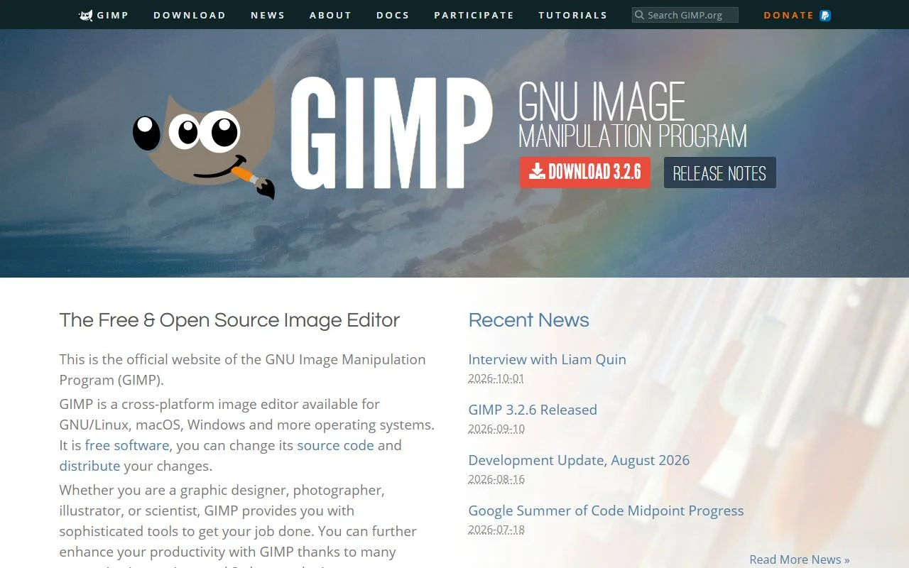 GIMP – Ansicht der Anbieter-Website