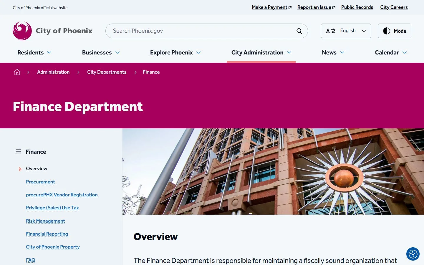 Phoenix Finance Department · Website screenshot