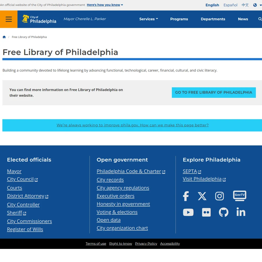 Free Library of Philadelphia · Website screenshot