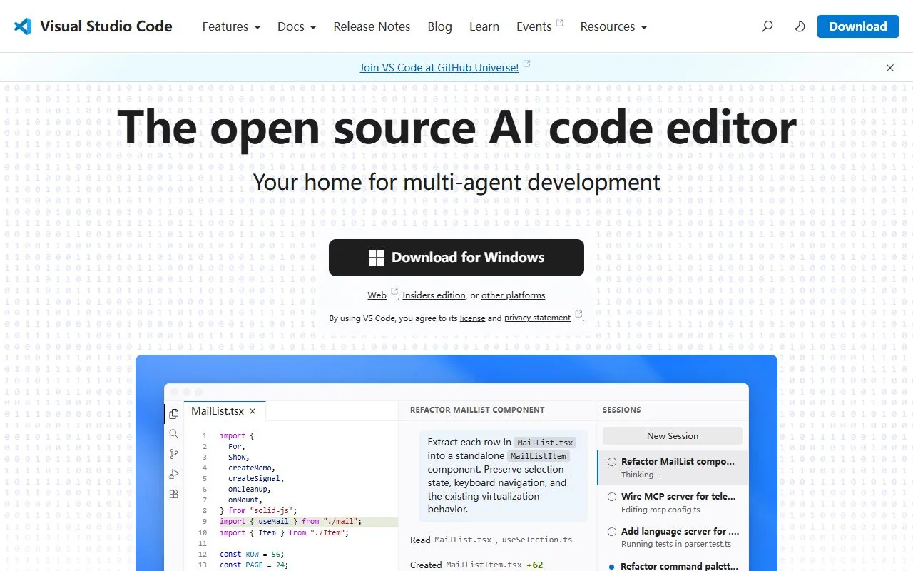Visual Studio Code – Ansicht der Anbieter-Website