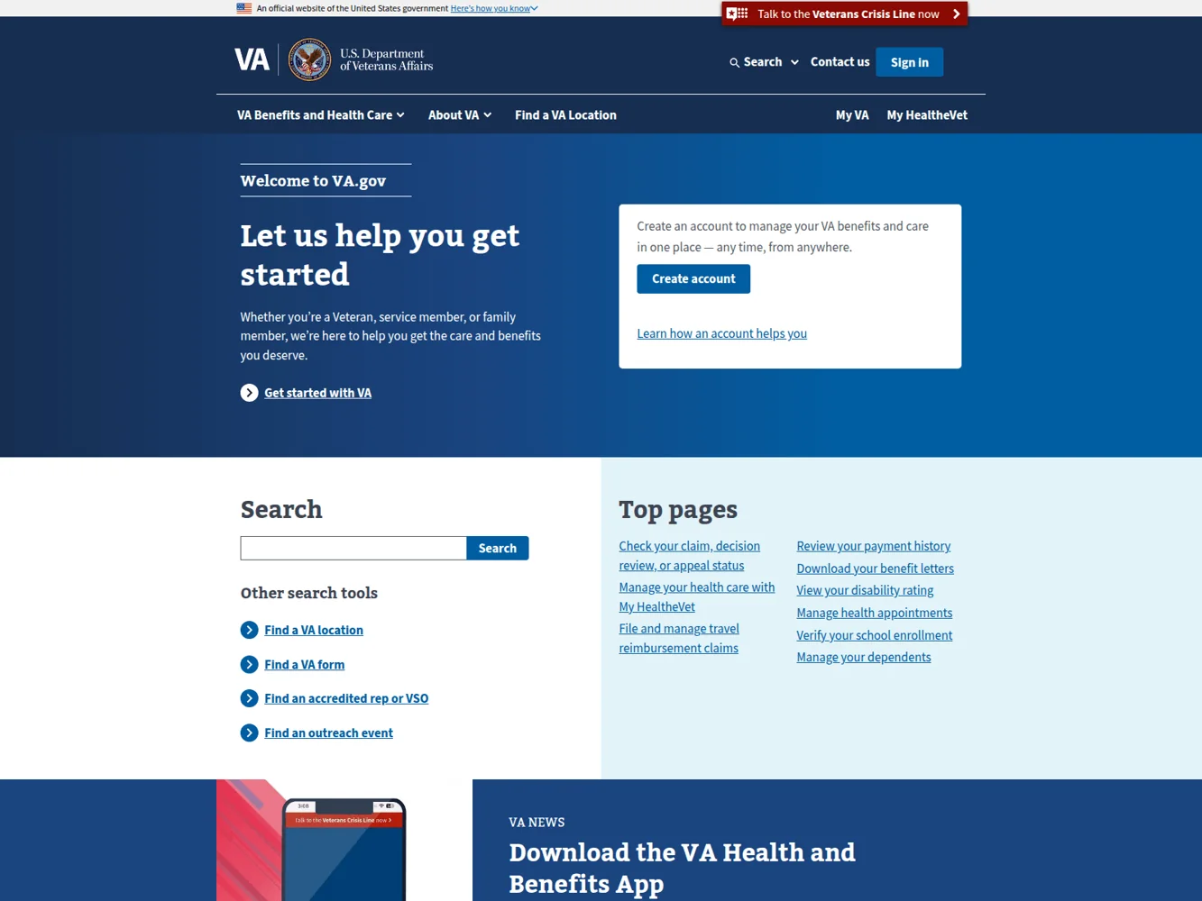 Veterans Affairs · Website screenshot