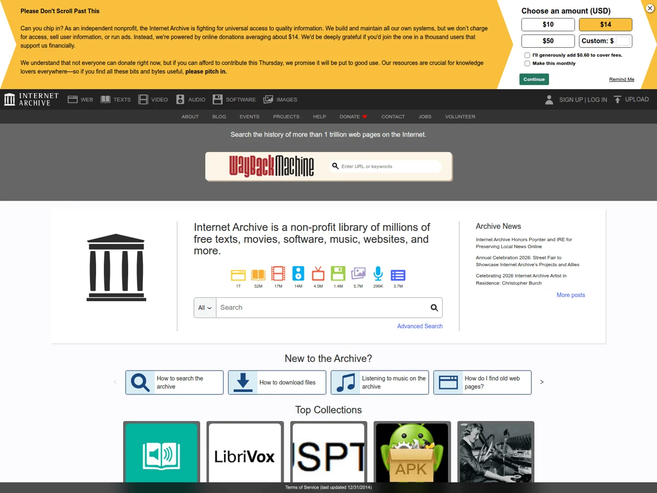 Internet Archive – Ansicht der Anbieter-Website
