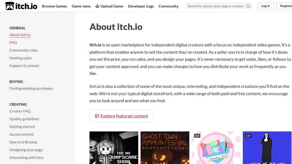 itch.io – Ansicht der Anbieter-Website