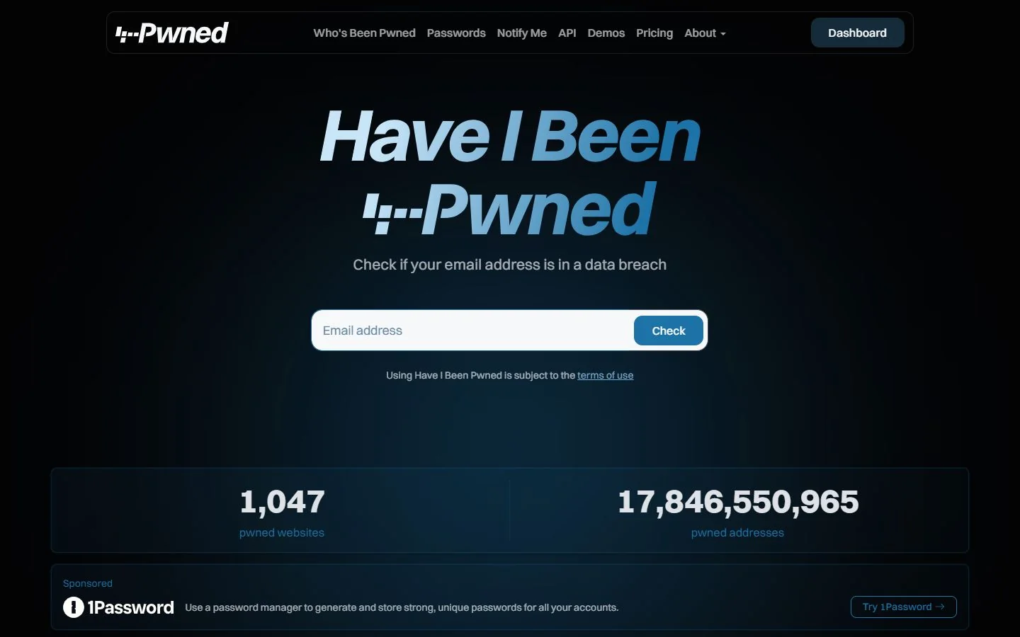 Have I Been Pwned – Ansicht der Anbieter-Website
