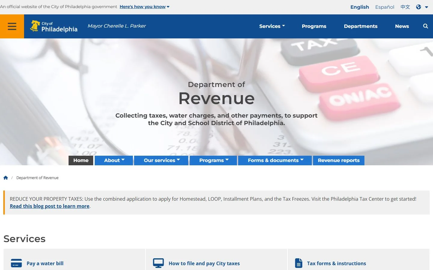 Philadelphia Department of Revenue · Website screenshot