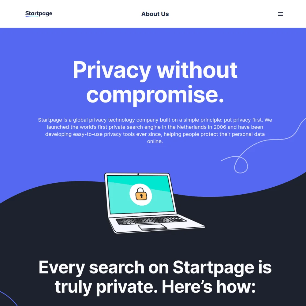 Startpage – Ansicht der Anbieter-Website