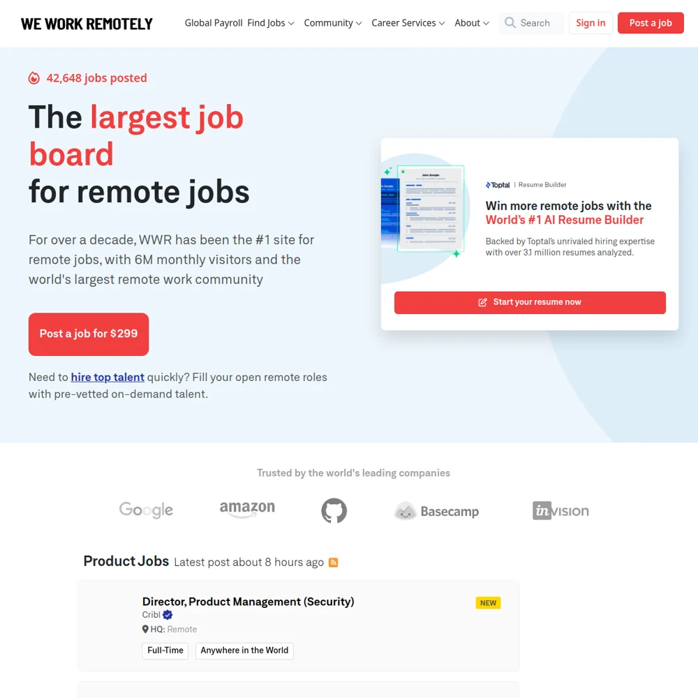 We Work Remotely — Earlier official website screenshot · capture date recorded to the day