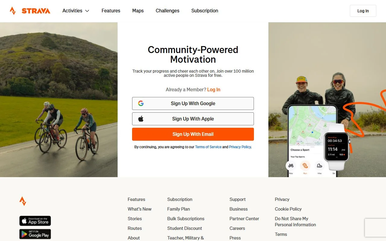 Strava – Ansicht der Anbieter-Website