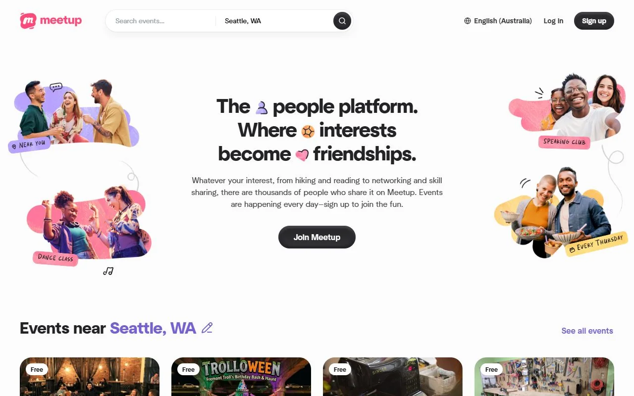 Meetup – Ansicht der Anbieter-Website