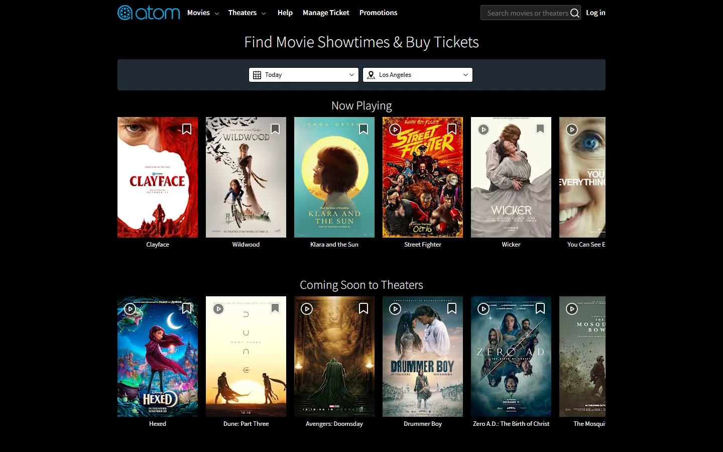 Atom Tickets · Website screenshot