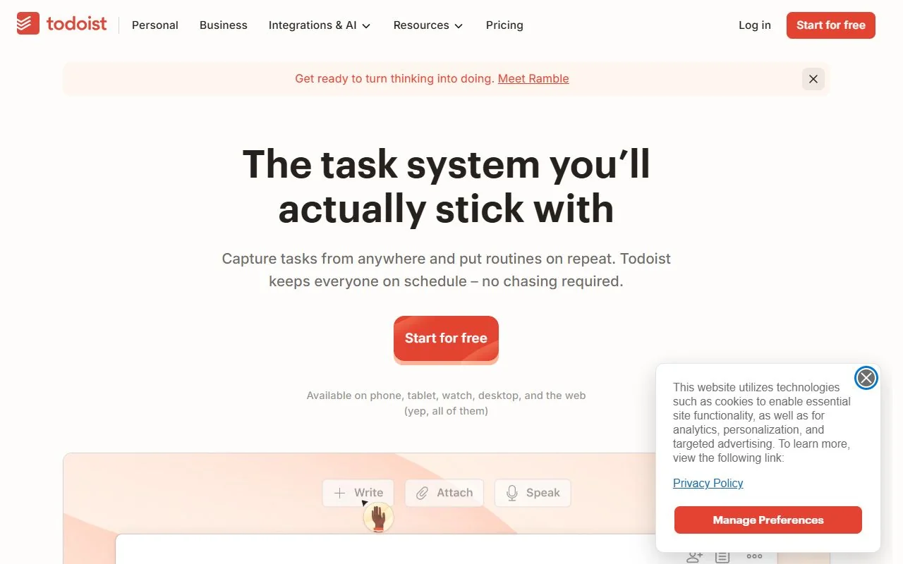 Todoist – Ansicht der Anbieter-Website