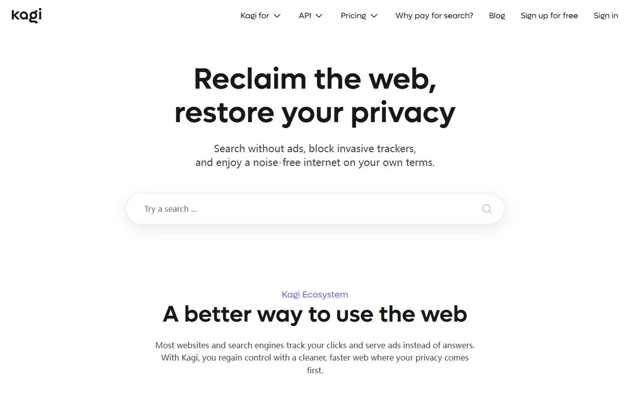 Kagi – Ansicht der Anbieter-Website