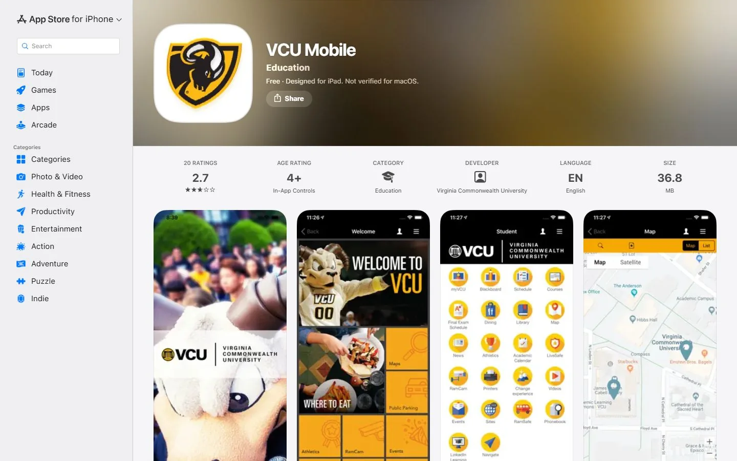 Virginia Commonwealth University · Official VCU Mobile app listing (US)