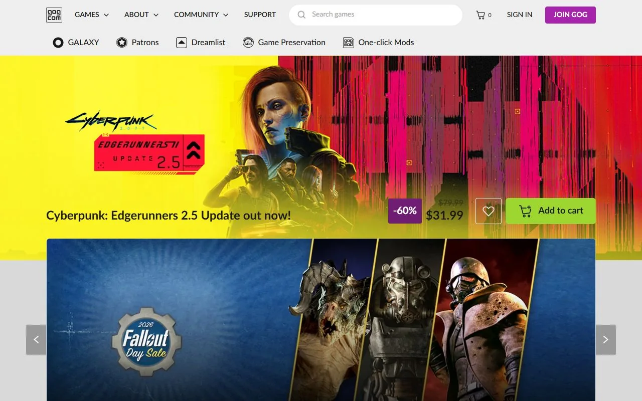 GOG – Ansicht der Anbieter-Website