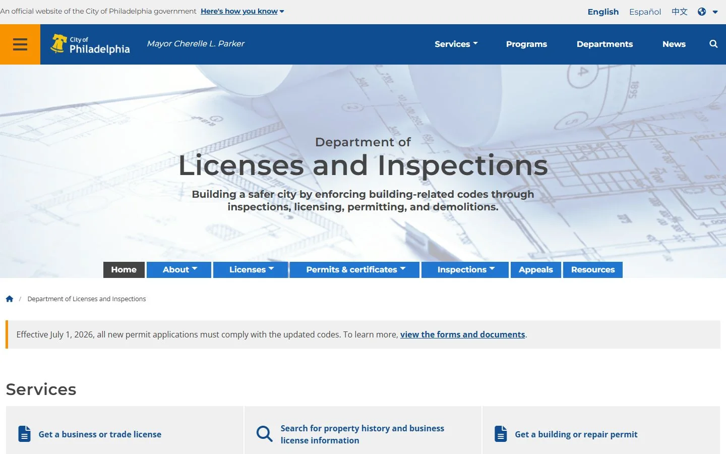 Philadelphia Department of Licenses and Inspections · Website screenshot