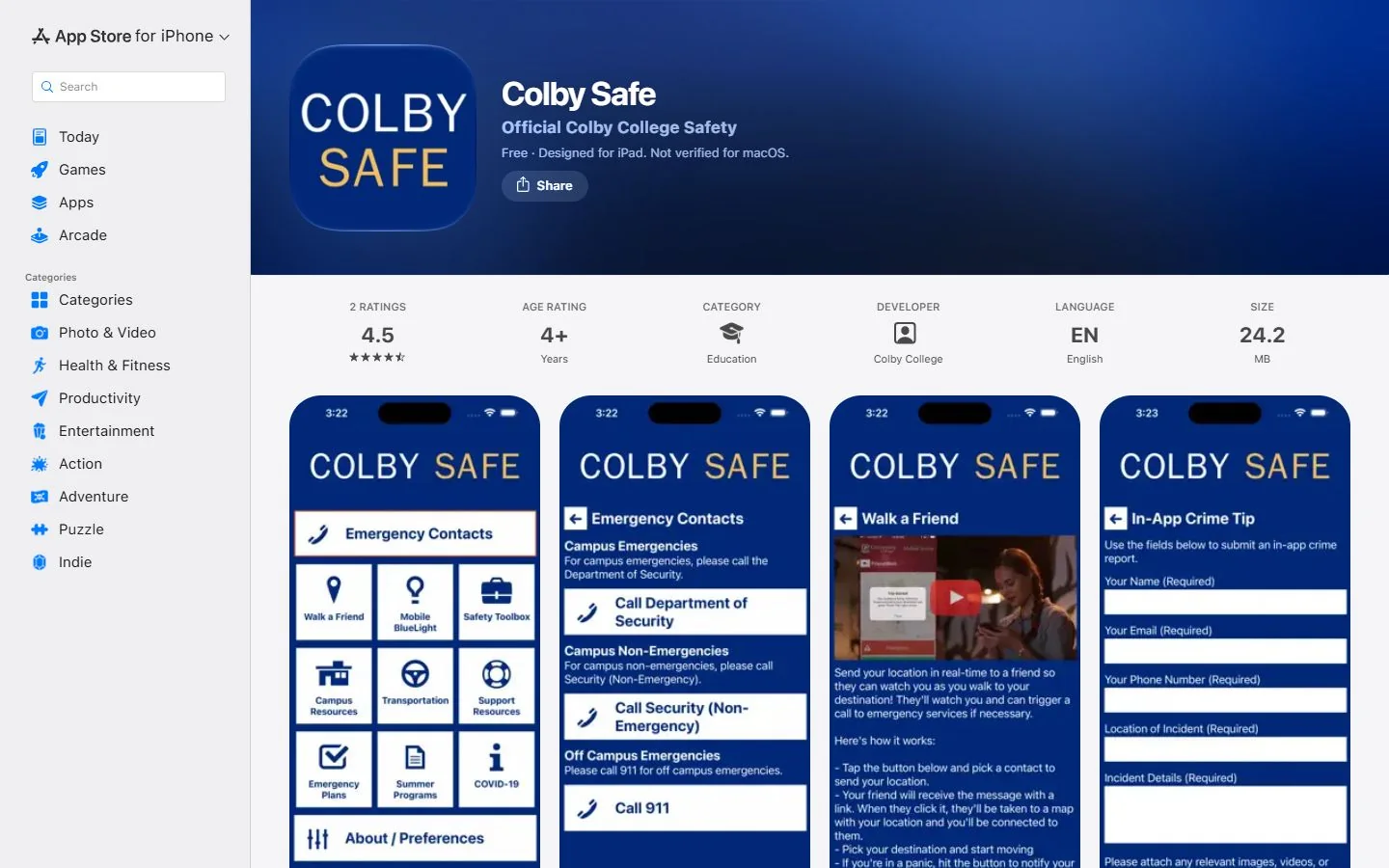 Colby College · Official Colby Safe app listing (US)