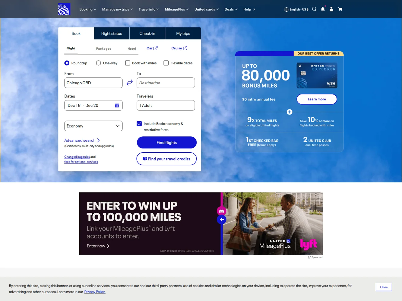 United Airlines · Website screenshot