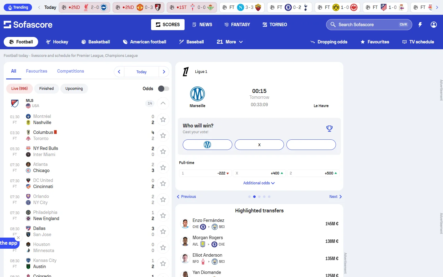 Sofascore · Website screenshot