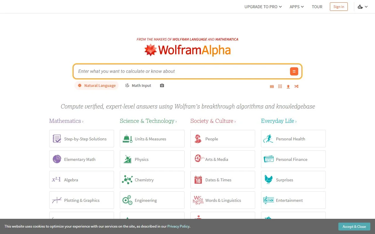WolframAlpha – Ansicht der Anbieter-Website